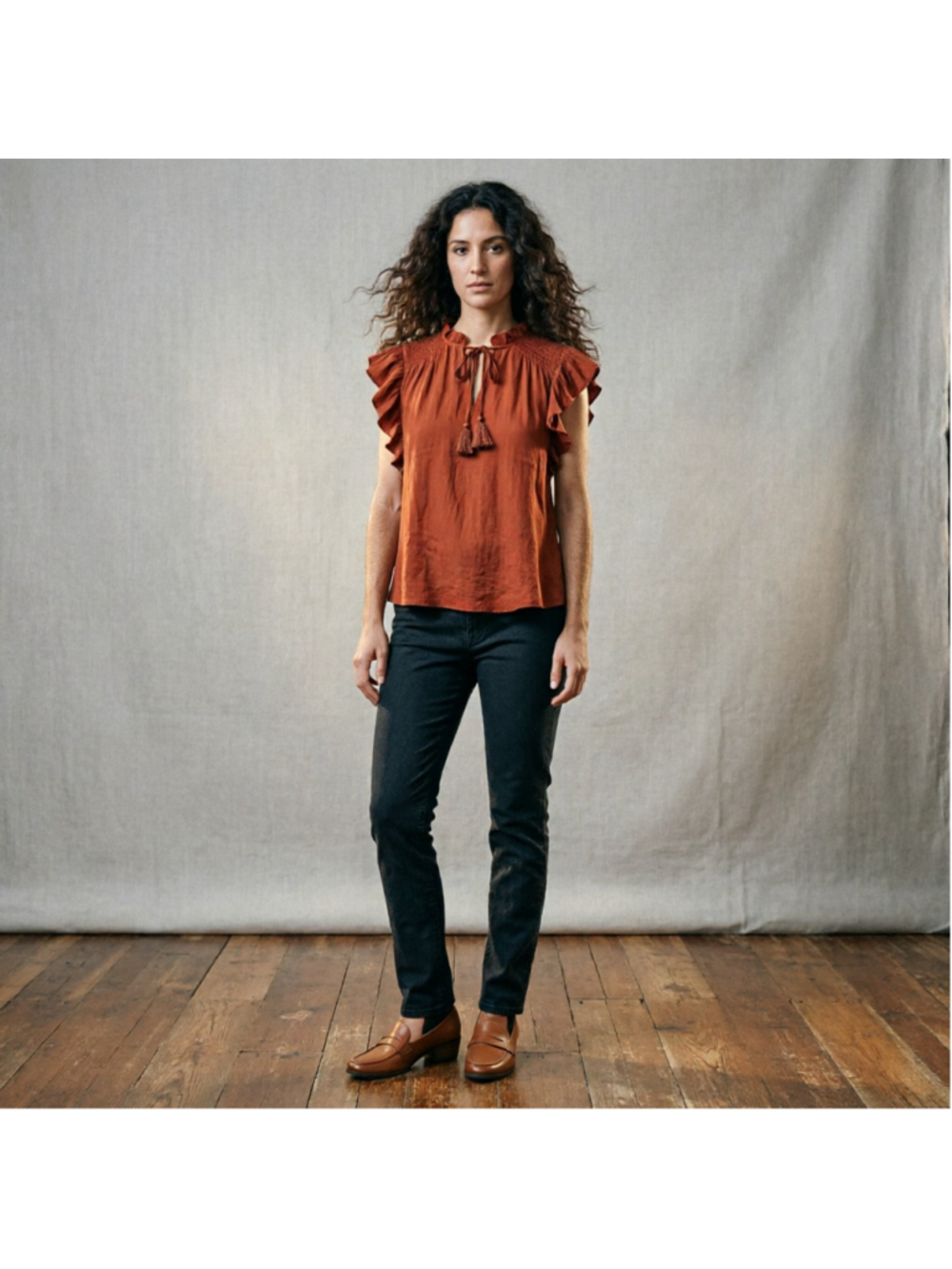 Maison d'Amelie Paris Rust Ruffle Blouse Size XS (18” PTP) NWT - Picture 8 of 8